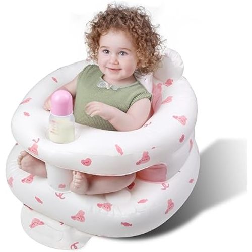 Inflatable Baby Seat for 3-36 Months Babies, Blow up Baby Chair with Built-in Air Pump, PVC Material, Full Enclosure Protection, Outdoor Travel Inflatable Chair for Infant, Pink Love Rabbit