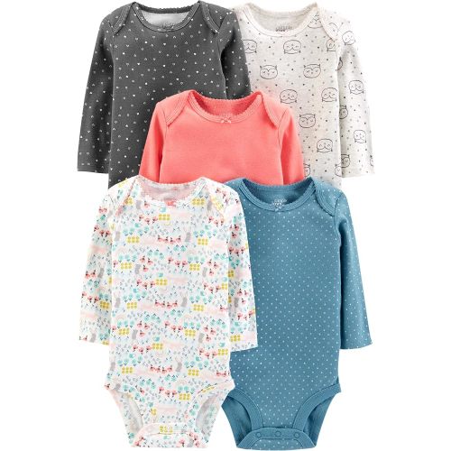 Simple Joys by Carter's Baby Girl's 5-Pack Long-Sleeve Bodysuit Shirt, dots/owl/print, 12 Months