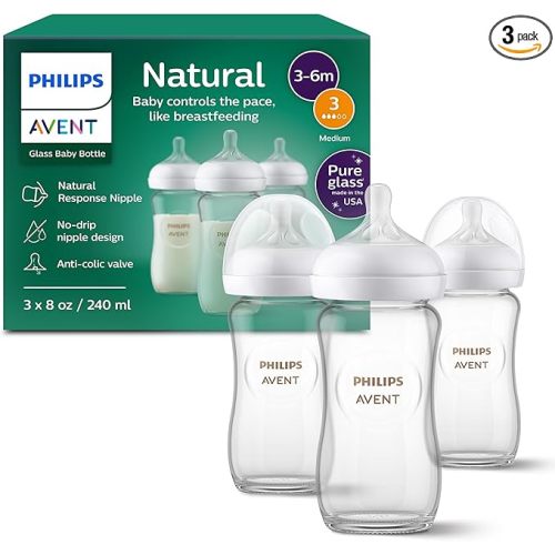 Philips Avent Natural Glass Baby Bottles with Natural Response Nipples (Medium Flow, Flow 3), 8oz, 3-pack, SCY913/03