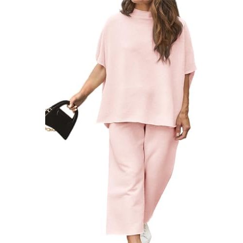 Beautife Women's Plus Size 2 Piece Outfits 3/4 Batwing Sleeve Capelet Crew Neck Pullover Top Wide Leg Pants Lounge Set