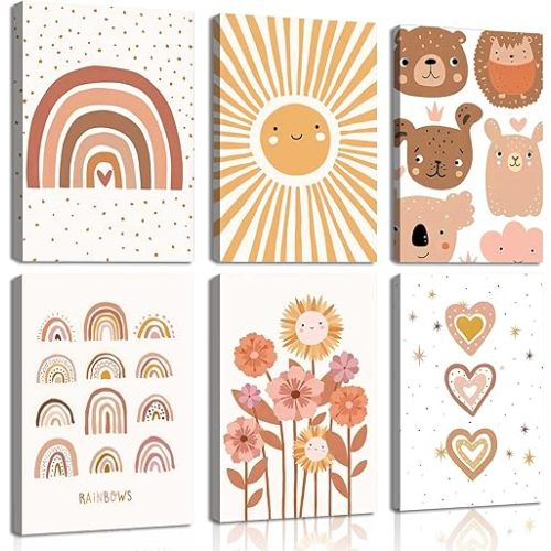 6Pcs Boho Nursery Canva Wall Art Kids Room Posters Rainbows Sun Flower Art Cute Animals Paintings Love Star Pictures for Pink Baby Child Room Wall Decor Children Prints Framed