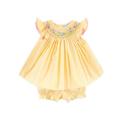 Yellow Check Bird Smocked Bloomer Set
