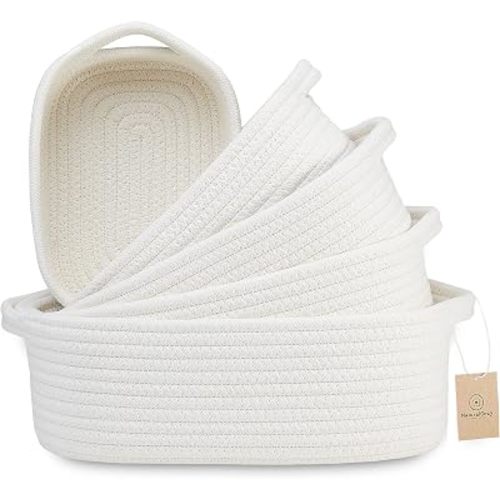 NaturalCozy 5-Piece Rectangle Storage Basket Set- Cotton Rope Woven Baskets for Organizing! Small Basket for Montessori, Baby Nursery, Dog Toy Baskets, Cat Toy Box, Bathroom Organization Bin