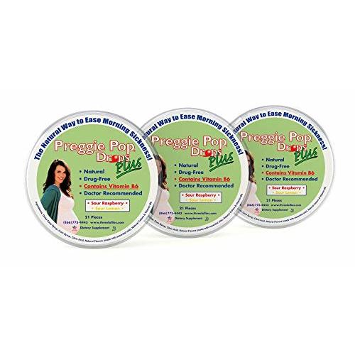 Preggie Pop Drops Plus | 21 Drops Each | Vitamin B6 for Morning Sickness during pregnancy | Safe for pregnant Mom & Baby | Gluten Free | Two Flavors: Lemon & Raspberry (Pack of 3)