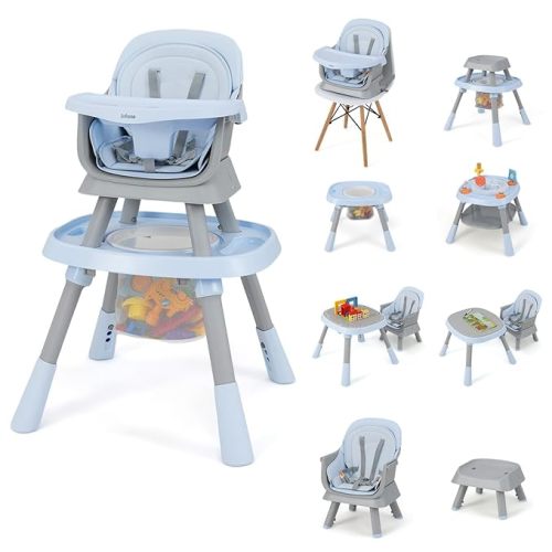 INFANS 9 in 1 High Chair, Convertible Baby Highchair for Babies and Toddlers, Table and Chair Set Building Block Infant Dining Booster Seat, Kids Stool with Activity Children Play Kitchen (Blue)