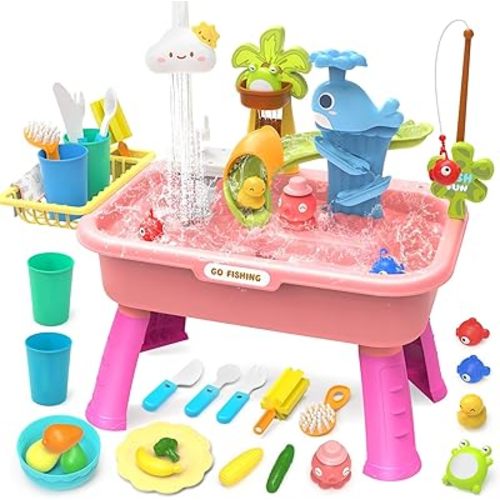 21" H Play Sink with Running Water, 4-in-1 Kids Kitchen Sink Toy with Electric Faucet, Mini Water Table with Detachable Legs, Fishing Game, Pretend Play Dishwasher Gift Set for Boys & Girls(Pink)