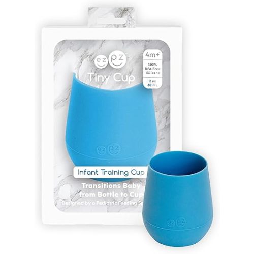 ezpz Tiny Cup (Blue) - 4 months+ - 100% Silicone Training Cup for Infants - Designed by a Pediatric Feeding Specialist - Baby-Led Weaning Essentials & Baby Gifts