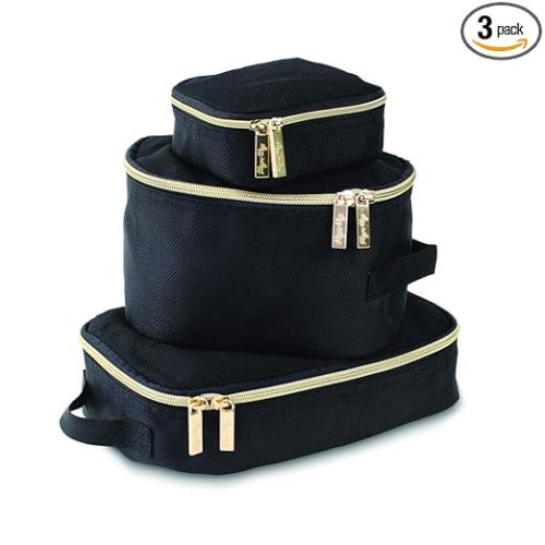 Itzy Ritzy Packing Cubes For Travel – Set of 3 Packing Cubes or Travel Organizers; Each Cube Features a Mesh Top, Double Zippers and a Fabric Handle (Black with Gold Hardware)
