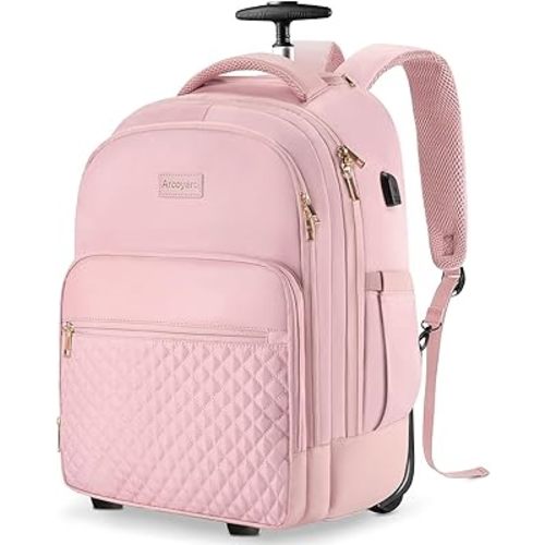 Arcoyard Rolling Backpack Carry On Luggage For Adults With Wheels, 40L Wheeled Backpack For Women, Travel Roller Backpack, Rolling Bag, Pink