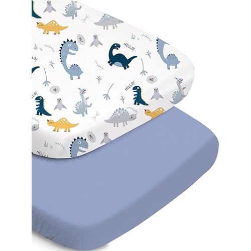 Bassinet Fitted Sheet for Baby, Buttery Soft and Stretchy, Compatible with Maxi COSI, Halo, and More, Dinosaur+Blue, Cozy and Soft for Baby Boys and Girls