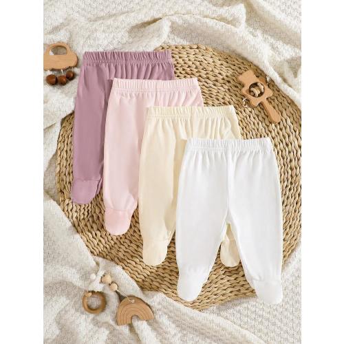 SHEIN 4pcs/Pack Newborn Baby Girls Solid Color White, Pink, Black, Gray Footie Leggings - Soft, Stretchy Ribbed Knit Fabric, Comfortable Fit, Suitable For All Seasons, Cute & Simple, Easy To Wear, High Cost Performance, Suitable For Home, Outings, Vacatio