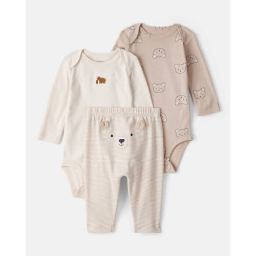 Baby Boy 3-Piece Bear Print Long-Sleeve Bodysuit & Pant Set - Brown/White, 3M | Carter's