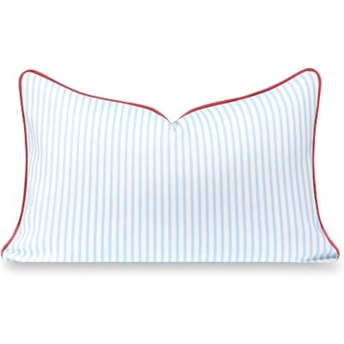 Hofdeco Premium Coastal Hampton Patio Indoor Outdoor Lumbar Pillow Cover Only, 12"x20" Water Repellent for Backyard, Couch, Poolside, Baby Blue Red Print Stripes