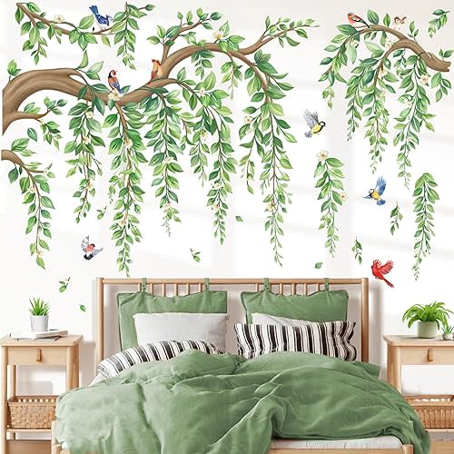 wondever Large Tree Branch Hanging Vine Wall Stickers Green Leaf Flower Birds Peel and Stick Wall Art Decals for Living Room Bedroom TV Wall