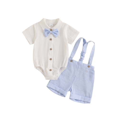 Loicainy Infant Baby Boy Gentleman Outfit 3 6 9 12 18 Month Solid Color Short Sleeve Lapel Neck Romper with Stripe Suspender Shorts and Bowtie