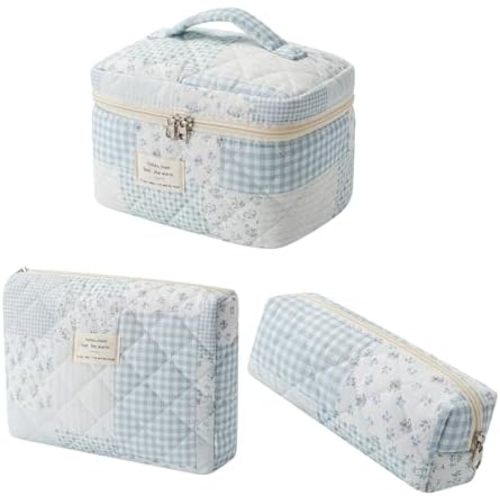 uekeboag 3Pcs Quilted Cotton Makeup Bag Set(Bluepatchwork)