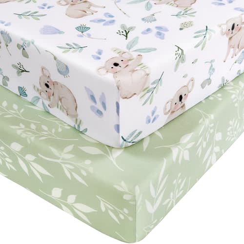 Baby Crib Sheets for Boys and Girls, Fitted Crib Sheets 52" x 28", Soft Breathable Microfiber Sheets for Standard Crib and Toddler Mattress, 2-Pack Green Koala