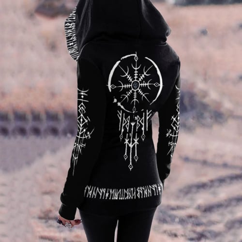 Tribal Totem Text Print Retro Zip Hoodie