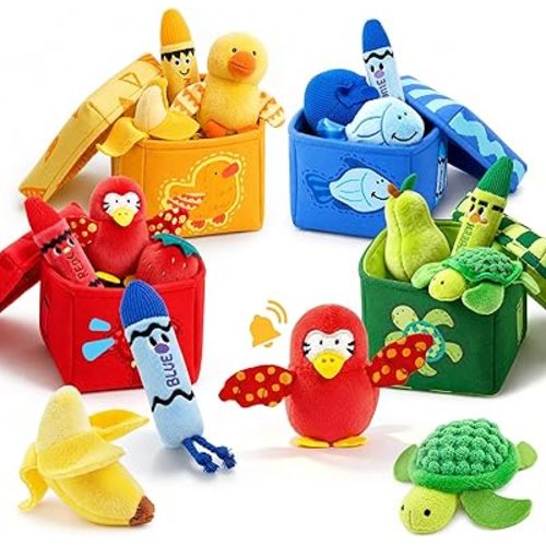 JoyCat Montessori Baby Toys 6-12 Months, 12 PCS Sensory Color Sorting Boxes with Animal Fruit Crinkle Crayon Pushies, First Learning Toys for 1 Year Old Baby Toys 0-12 Months