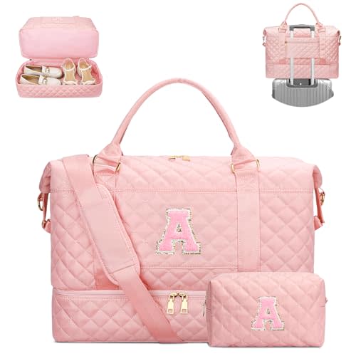 Graduation Gift for Her Women Gift-Birthday Gifts Initial Travel Duffle Bag Quilted Weekender Carry-On Overnight with Cosmetic Bag, Gym Bag with Shoe Compartment Personalized Bag, Pink A