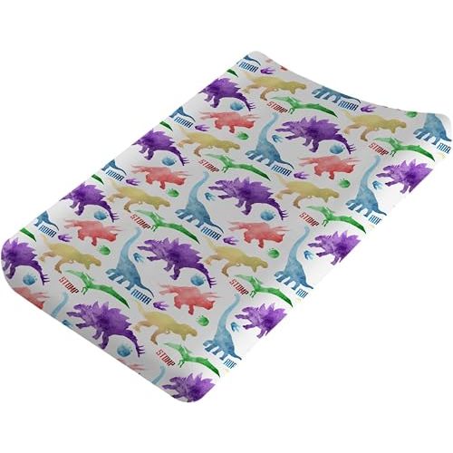 Colorful Dinosaur Baby Changing Table Pad Covers for Boys & Girls 32''x16'' Dinosaur Unisex Fitted Diaper Change Table Sheets Dinosaur Rainbow Comfort Soft Breathable Baby Changing Table Mats