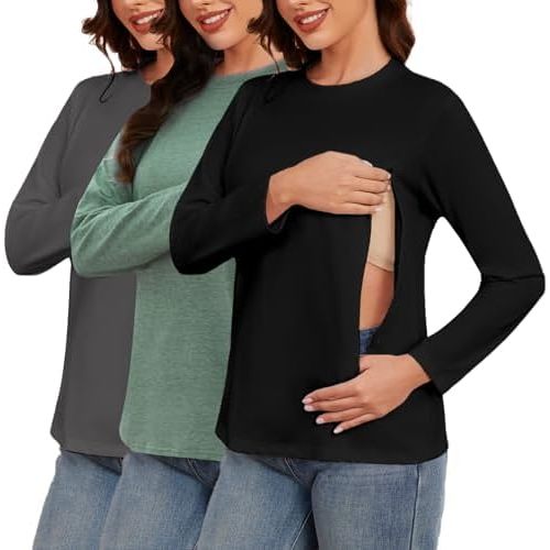 Liu & Qu Women's 3 Pack Nursing Shirts for Breastfeeding with Hidden Zippers Long Sleeves Comfort and Soft Nursing Tops