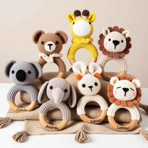 Crochet Animal Rattle Keepsake with Custom Name – Baby Rattle Toy for Newborn Nursery Decor, Personalized Baby Shower, Christening Gift Idea