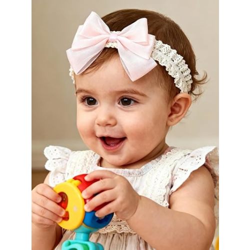 Baby Girls Hairbands Bow Lace Headband Handmade Soft Stretchy Pink Bowknot Hairbands Newborn Hairband with Bows Elastic Hair Bands for Kids Infant(Glossy Pink Bow