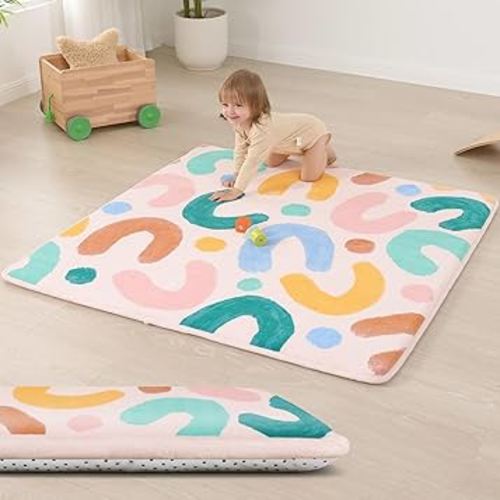 Baby Play Mat for Floor,1.3" Thick Cushioned Playpen Mat 50"x50",Extra Soft Elasti-Foam,Water Repellent Coral Velvet,Non-Slip for Crawling&Tummy Time,Infant Toddler Kids Nursery Rug(Doodle)