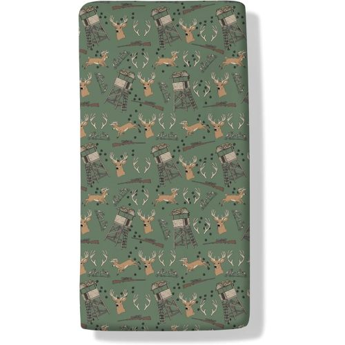 Deer Hunting Baby Crib Sheets Hunter Tree Stand Soft Breathable Baby Sheets Wild Animals Hunter Fitted Crib Mattress Cover for Standard Mattress 28x52in Green