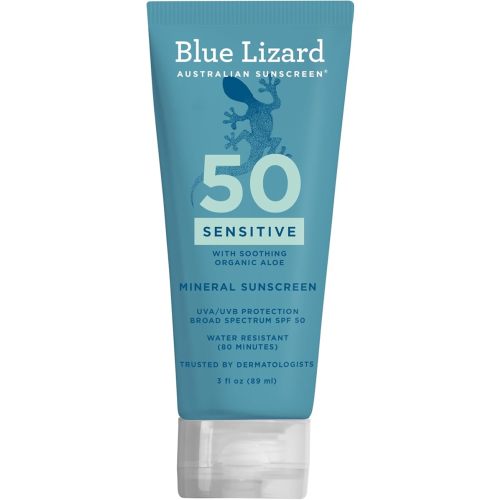 Blue Lizard SENSITIVE Mineral Sunscreen with Zinc Oxide, SPF 50+, Water Resistant, UVA/UVB Protection with Smart Cap Technology - Fragrance Free, 3 oz. Tube