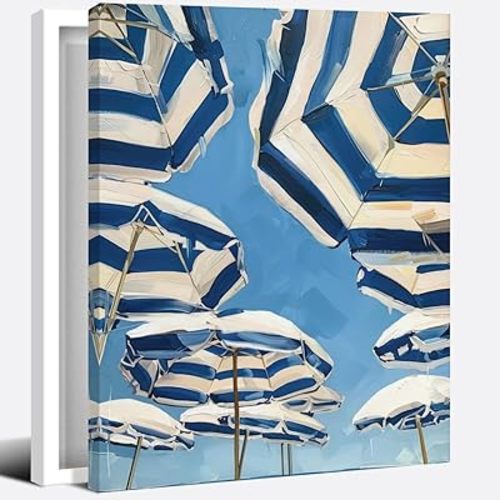 Navy Beach Umbrellas French Summer Preppy Art Aesthetics Poster Canvas Wall Art Decoration Living Room Home Decor Bedroom Decoration Poster Framed16x20inch