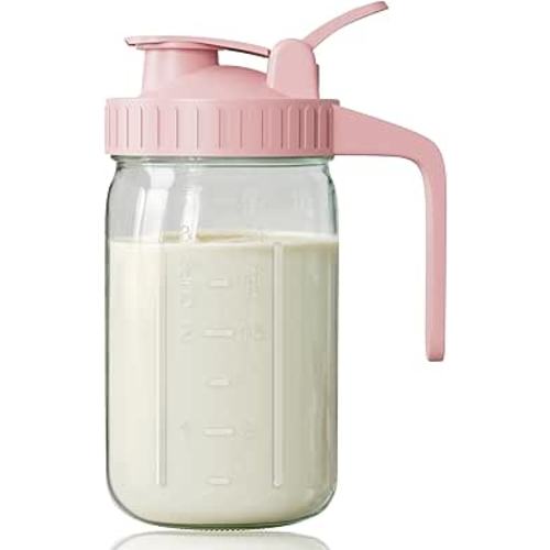 Breast Milk Pitcher, Mason Jar 32 oz, Heavy Duty Wide Mouth Jar with Pink Flip Cap Lid and Pour Spout, Airtight Seal for Freshness and Convenience, Great for Cold Beverages and Home Entertaining