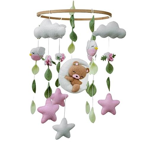 Girl's Pink Bear Mobile for Crib, Felt Ball Crib Mobile with Stars and Birds , Nursery Decor
