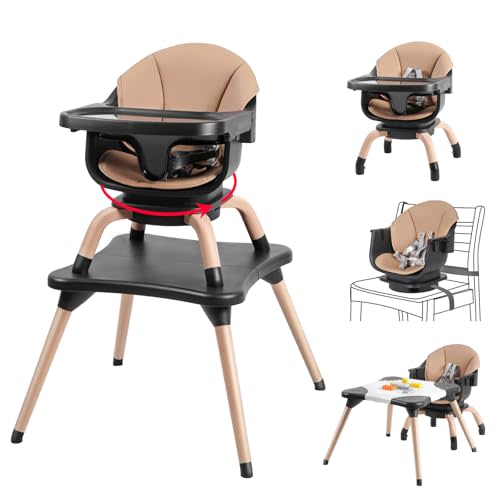Komcot Baby High Chair, 7 in 1 Convertible High Chairs for Babies and Toddlers, Kids Learning Table, Building Block Table, Toddler Dining Chair with 360° Rotating Seat, 5-Point Safety Harness (Black)