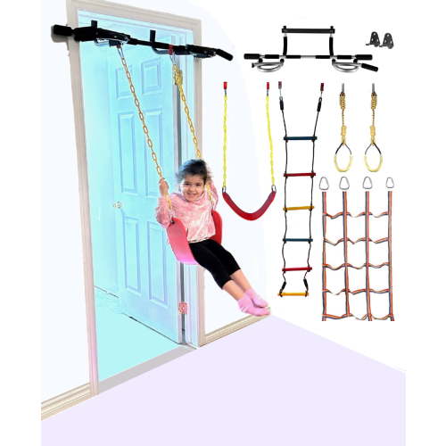 Iron Bar 6 Piece Kids Doorway Gym Deluxe Swing Set with Pull Up Bar Indoor Gym and Playground Set Combo for Children, Includes Accessories, Climbing Cargo Net, 2X Gymnastic Trapeze Rings, Rope Ladder