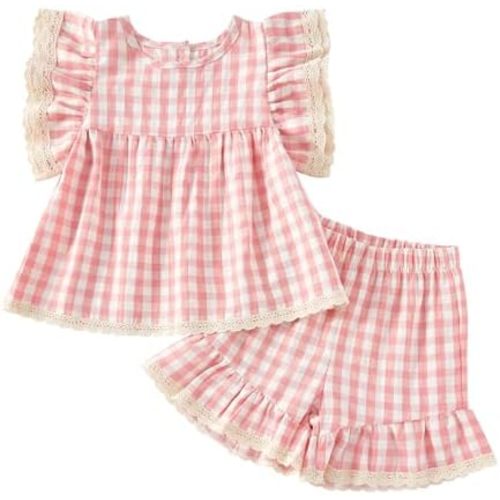 Summer Toddler Girl Clothes Set Baby Girl Ruffle Sleeveless Shirt with Buttons Checkered Bloomers Shorts Set Cute Outfits
