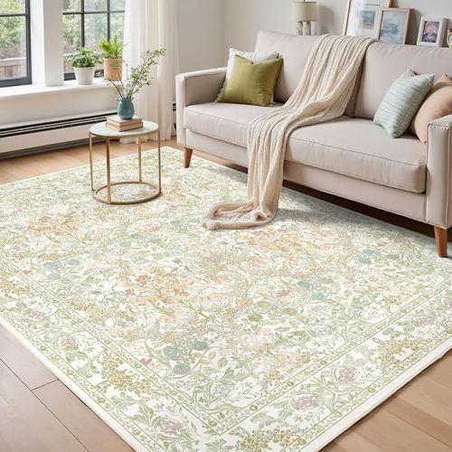 Washable Sage Green Living Room Area Rug 6x9, Boho Botanical Area Rug for Bedroom, Kitchen Table, Nursery, Home Office - Low Pile Non-Slip Vintage Carpet - Soft Farmhouse Accent Mat