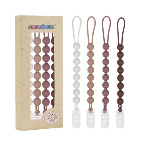 One Piece Design Silicone Pacifier Clip Holder for Baby Boys and Girls,Flexible Pacifier Leashes,Soft Teether Clip for Newborns,4-Pack. (Brown)