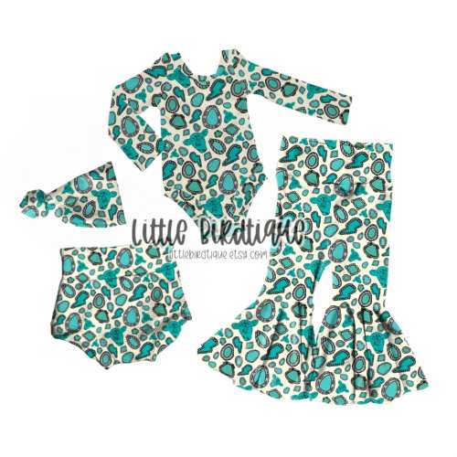 Turquoise Gemstones Outfit Pieces Rose Knot Top Knot Messy Wrap Bow Headwrap Nylon Clip Piggies Leo Bodysuit Bummies Bells Separates