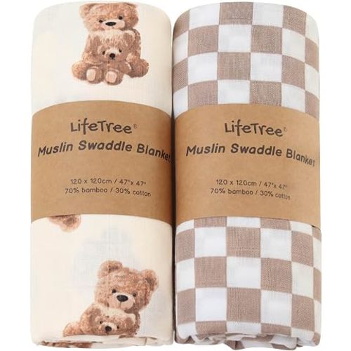 LifeTree Muslin Swaddle Blankets, Baby Swaddling Wrap Nursery Blanket Unisex, Soft 70% Viscose from Bamboo and 30% Cotton, Large 47 x 47 inches, Bear & Checkered Swaddle Blanket