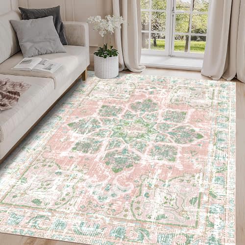 Vhong Boho Area Rugs Vintage Washable Neutral Modern Dusty Pink and Green 5x7 Non Slip Carpet for Nursery Living Room Dining Room Bedroom Farmhouse Girls'Room