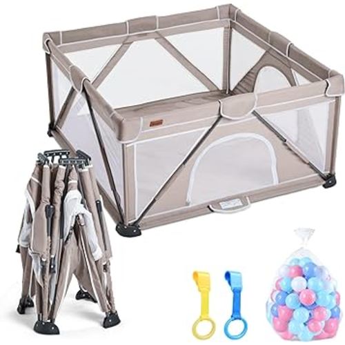 Baby Playpen Foldable, Playard for Babies and Toddlers, Portable Playpen Activity Center with 50 Balls+2 Handles for Travel, Indoor & Outdoor Play Pen with Mesh 59''x71''