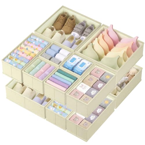 Drawer Organizer Bins for Baby Clothes,Underwear,Socks,Ties,12 Pack,Beige | Foldable Closet Organizers and Storage,Linen Fabric Drawers Divider,Washable,3 Sizes for Dresser,Bedroom,Desk,Nursery