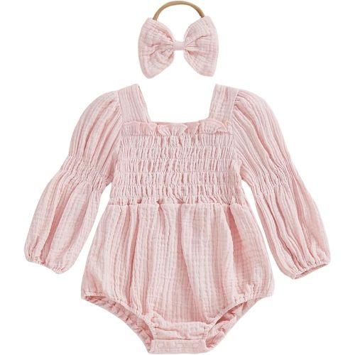 Kavousa Smocked Baby Girl Clothes Newborn Girl Bubble Romper Long Sleeve Jumpsuit And Headband Outfit Cute Infant Clothing