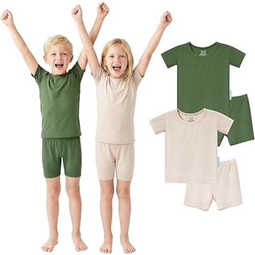 PurComfy Short Sleeve Toddler Pajama Set, 4-Piece Bamboo Viscose Unisex Sleepwear, Baby Boys Girls Sung Fit Summer Clothes