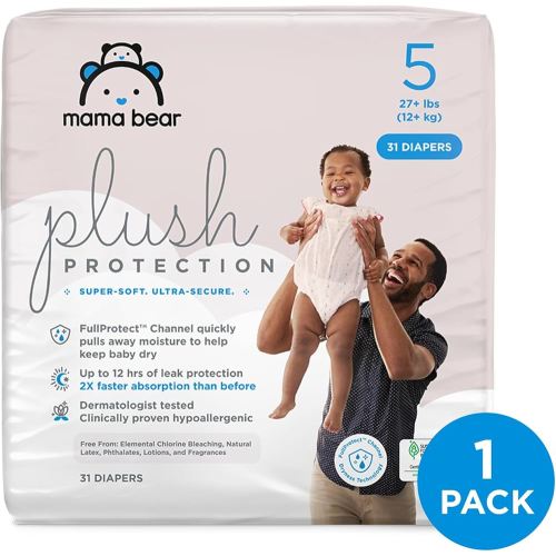 Amazon Brand - Mama Bear Plush Protection Diapers - Size 5, 31 Count, Hypoallergenic Premium Disposable Baby Diapers, White and Cloud Dreams
