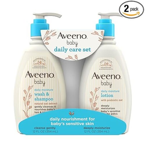 Aveeno Baby Daily Care Gift Set with Oat Extract & Prebiotic Oat, Contains Daily Moisturizing Body Lotion & Gentle 2-in-1 Baby Bath Wash & Shampoo, Hypoallergenic & Paraben-Free, Two Pack