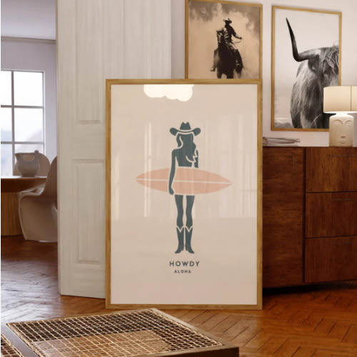 Desert Surf Cowgirl Print Howdy Aloha Poster Coastal Wall Decor PRINTE – mythicwall