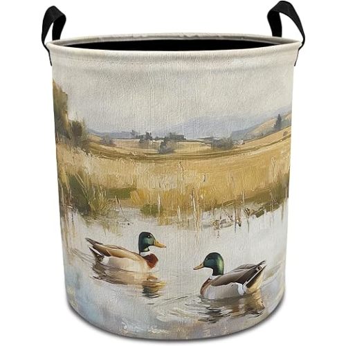Rustic Mallard Duck Laundry Basket with Handles, Countryside Waterfowl Mallard Ducks Collapsible Waterproof Laundry Hamper Clothes Storage Basket for Boys Nursery Home Bathroom
